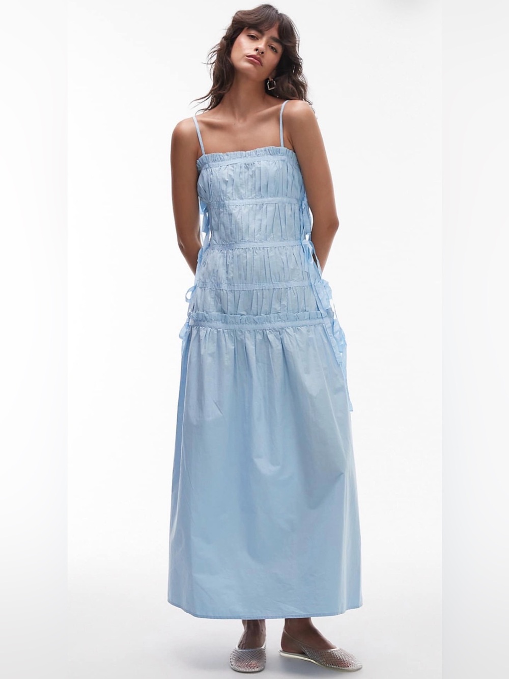 Topshop ruched panel midi dress with side ties in sky blue